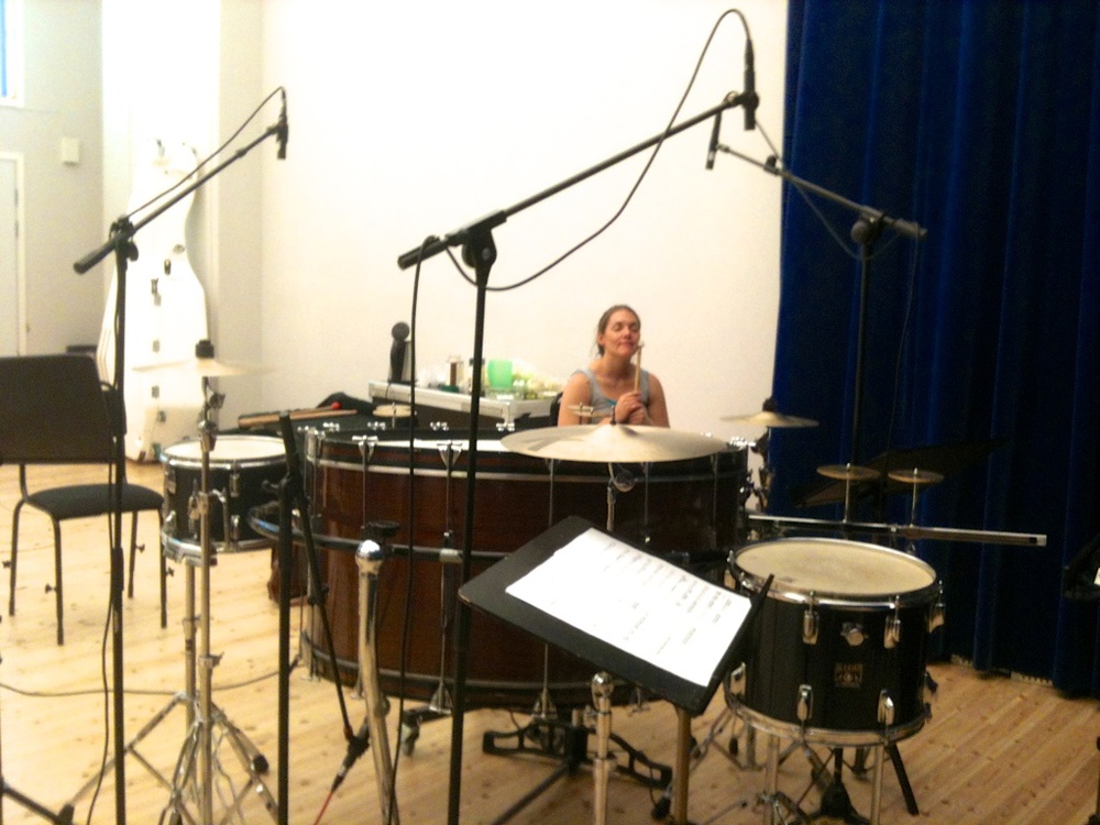 Recording UFO: Crash Landing at Studio Acusticum in Piteå. Here you can get a good look at the setup - one bass drum between us and one drum, one cymbal and two crotale pitches each. This was a setup that we needed to use outside so it couldn't be too complicated!